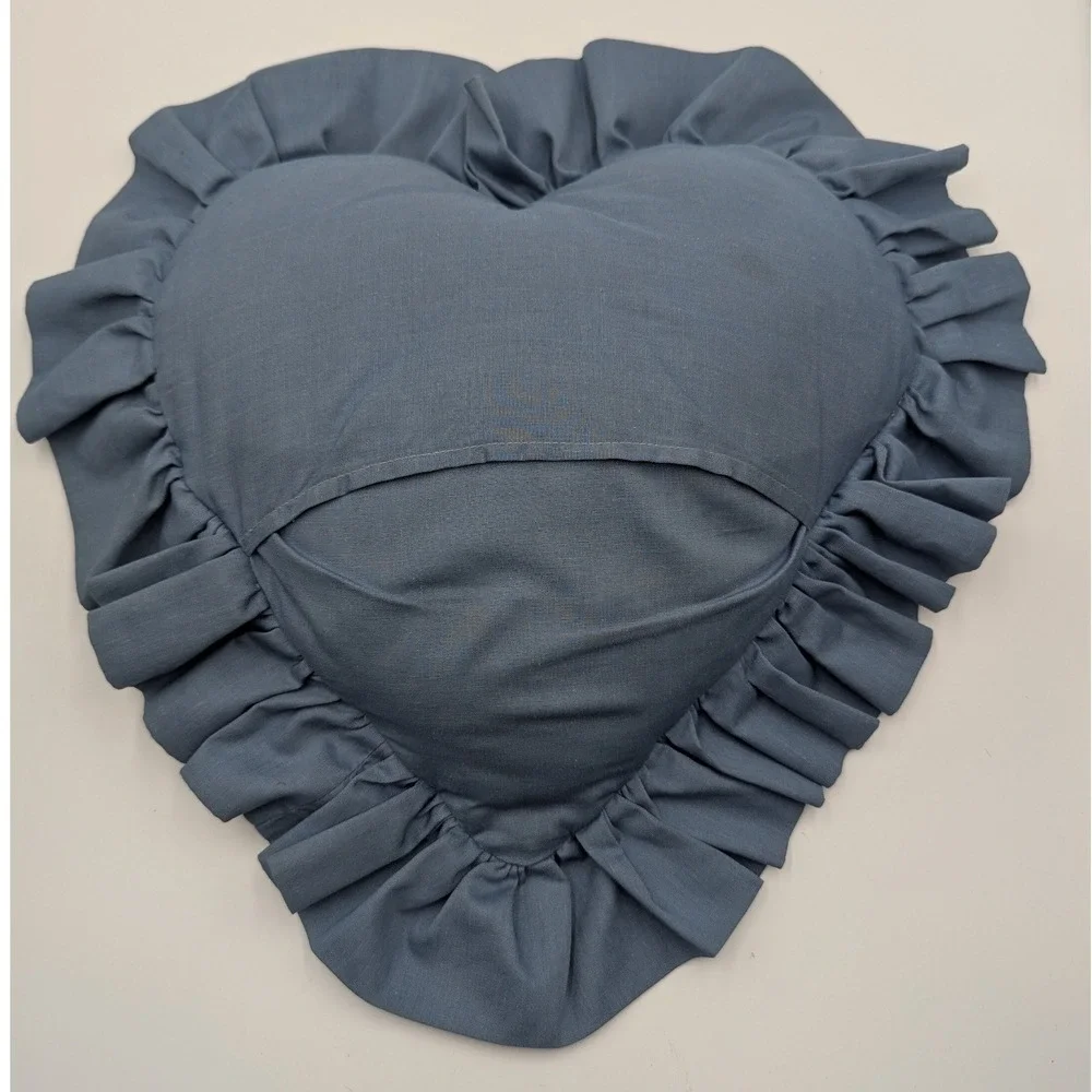 Vintage Cottagecore Heart Throw Pillow Blue Floral Quilted Lace Ruffle 15in 90s